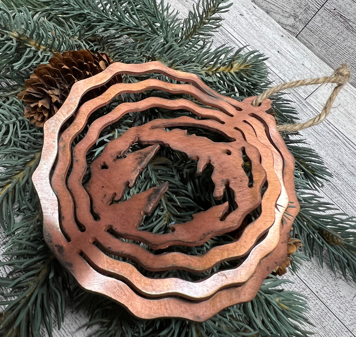 Rustic Copper Patina Metal Mountain & Trees Ornament - Cabin Decor