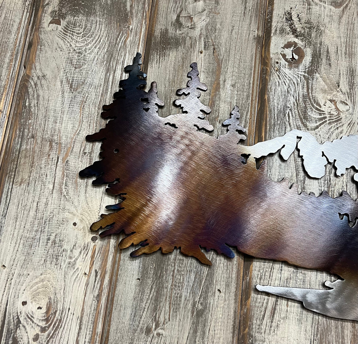 Metal Elk Mountain Scene Wall Art: Heat-Colored Cabin Lodge Decor