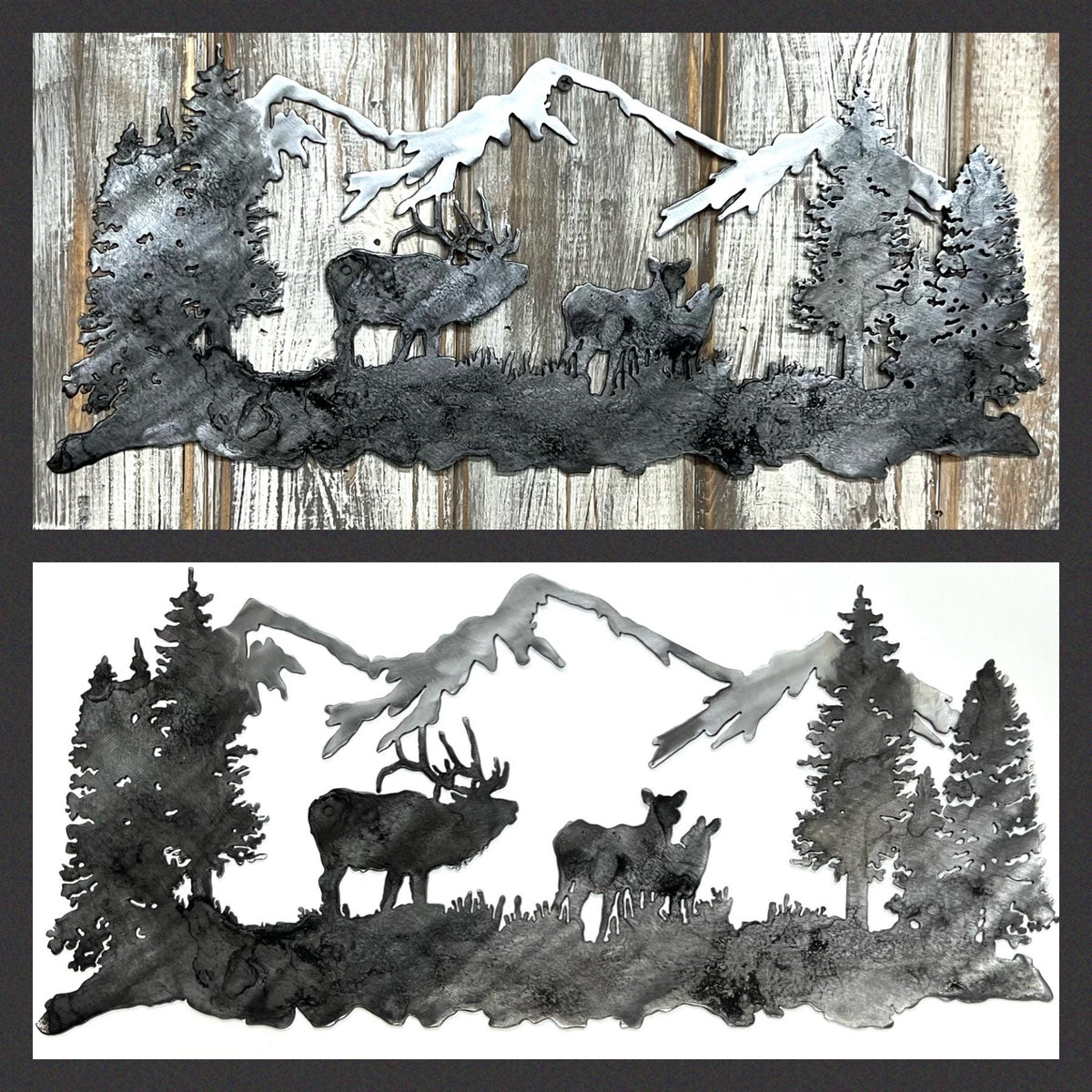 Metal Elk Mountain Scene: Cabin Lodge Wall Art