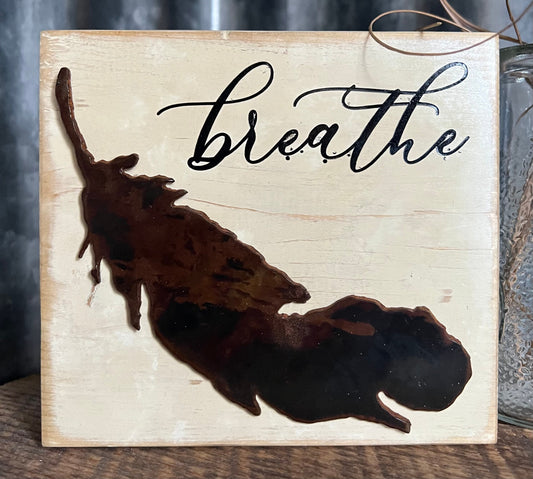 Breathe Wood Sign: Farmhouse Tiered Tray Decor with Metal Feather