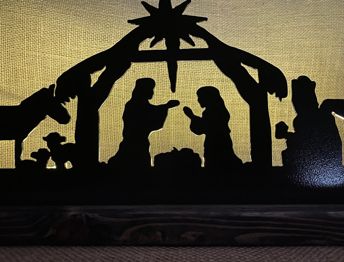 Metal Nativity Scene with Ebony Wood Base & LED Candles