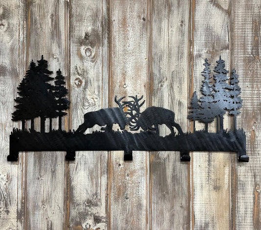 Elk Coat Rack: Fighting Bull Design, Cabin Lodge Decor