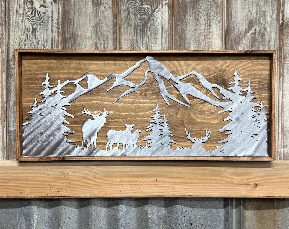 Elk & Mule Deer Mountain Scene: Polished Metal Cabin Decor