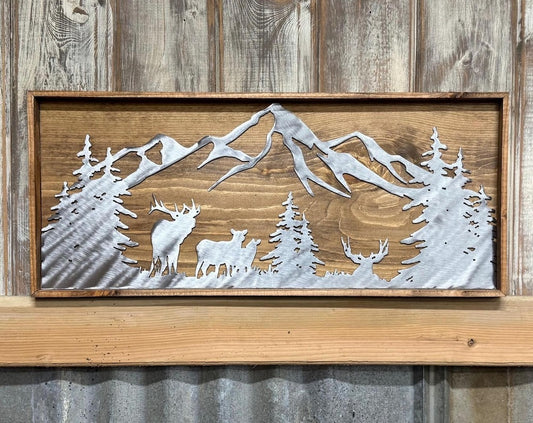 Elk & Mule Deer Mountain Scene: Polished Metal Cabin Decor